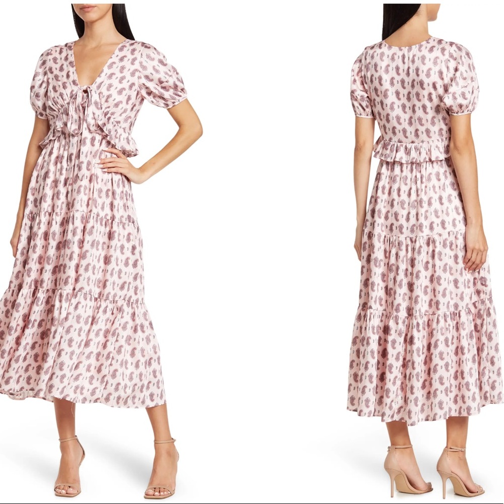 MAISIE wedding guest dress with flora print and puff sleeves